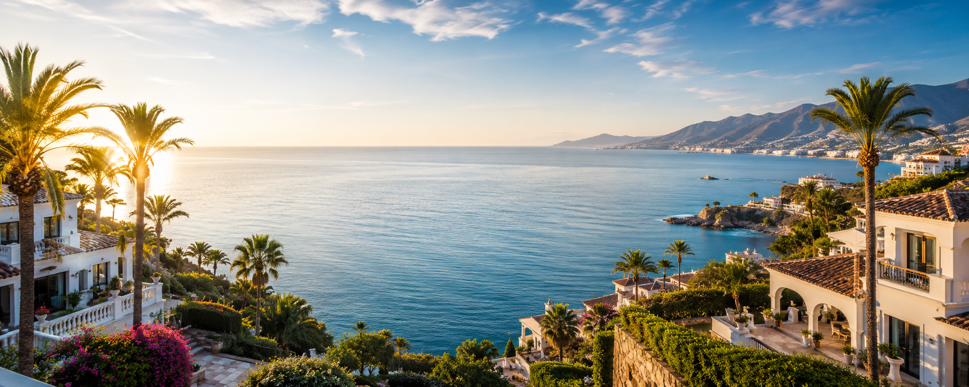 Luxury coastal villa with palm trees overlooking the Mediterranean — Spain relocation lifestyle